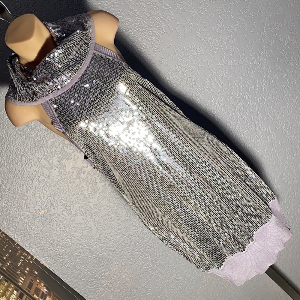 L - BEBE - sequin grey / silver cowl necked sleeveless stretchy dress w spandex